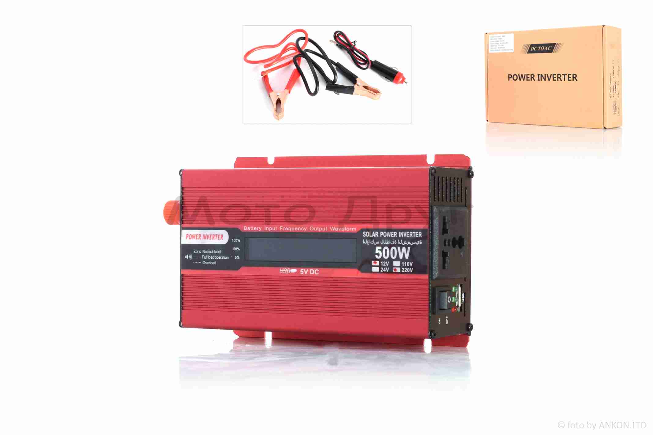 Инвертор AC/DC-12V/220V, 500/1000W, LCD экран, 1хUSB 2.1A, одна розетка #ATPI-1