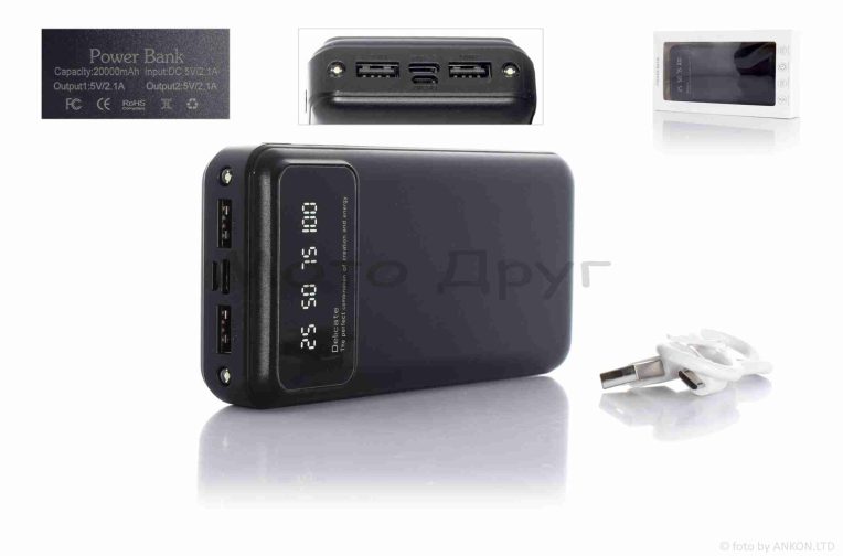 Портативний зарядний пристрій Power Bank  20000mAh USB/Type-C + ліхтарик 2LED  чорний