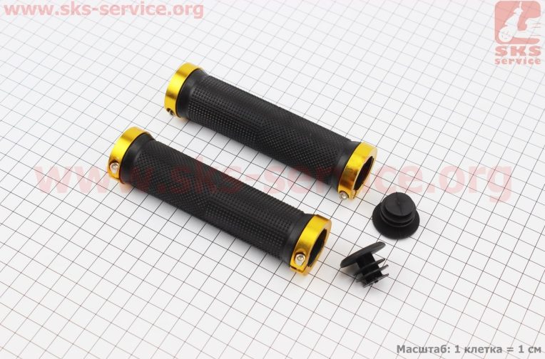 Ручки руля 130мм с зажимом Lock-On с двух сторон, чёрно-золотистые FL-426