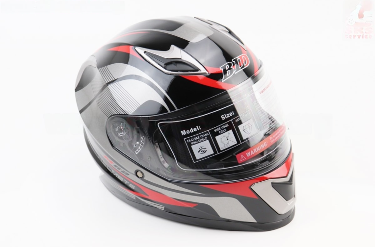 Шлем интеграл, закрытый BLD-M62 S (55-56см), ЧЁРНЫЙ глянец с красно-серым рисунком