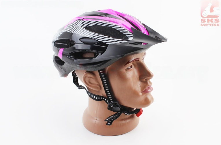 Шлем велосипедный L (54-62 см) съёмный козырёк, 21 вент. отверстий, чёрно-розово-белый