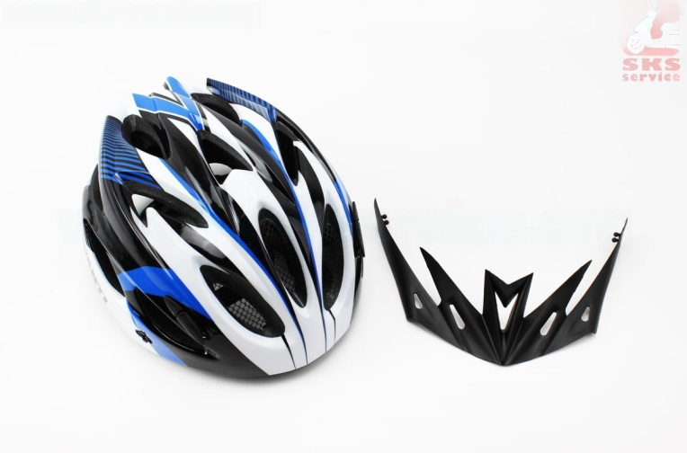 Шлем велосипедный M (54-57 см) съёмный козырёк, 18 вент. отверстий, чёрно-бело-cиний AV-01