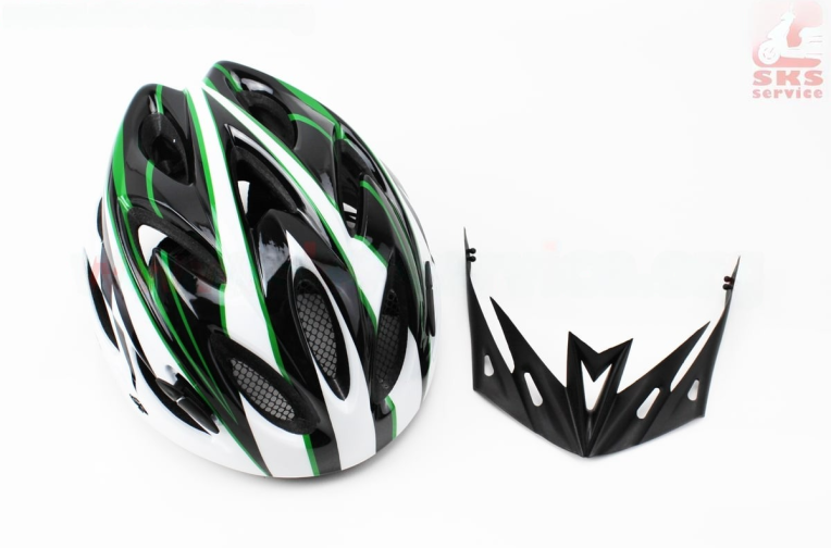 Шлем велосипедный M (54-57 см) съёмный козырёк, 18 вент. отверстий, чёрно-бело-зелёный AV-01