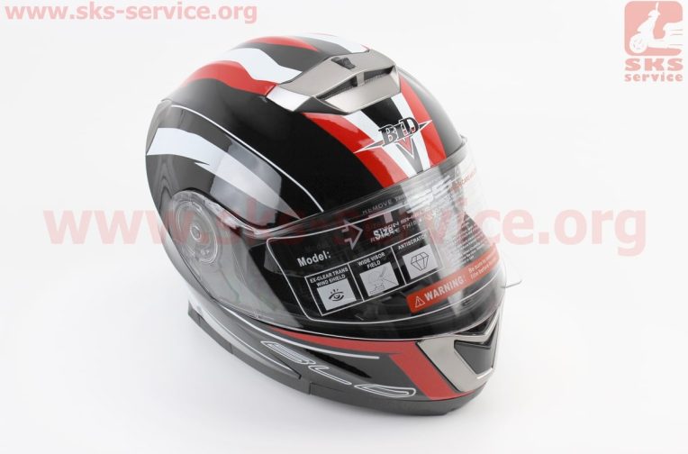 Шлем модуляр, закрытый с откидным подбородком+откидные очки BLD-160 М (57-58см), ЧЁРНЫЙ с красно-белым рисунком