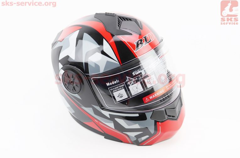 Шлем модуляр, закрытый с откидным подбородком+откидные очки BLD-159 L (59-60см), ЧЁРНЫЙ глянец с красно-серым рисунком
