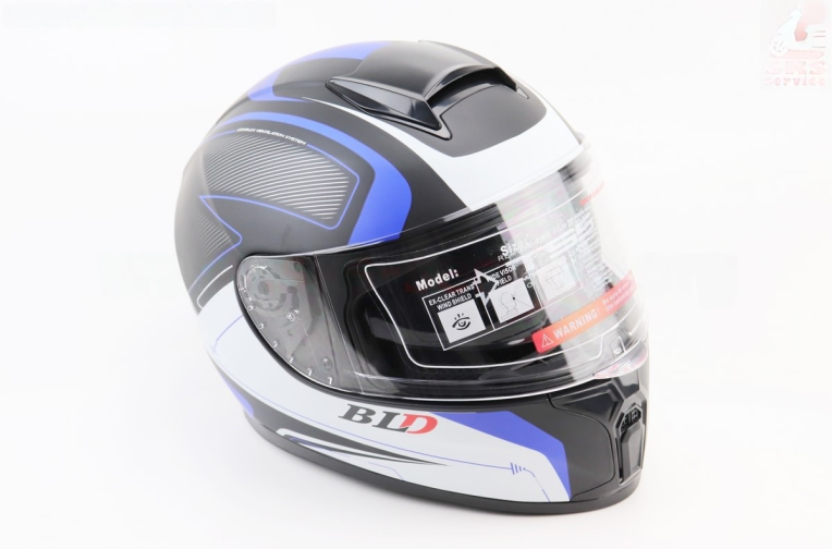 Шлем интеграл, закрытый (сертификация DOT)+откидные очки BLD-М66 S (55-56см), ЧЁРНЫЙ матовый с сине-белым рисунком