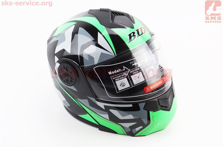 Шлем модуляр, закрытый с откидным подбородком+откидные очки BLD-159 М (57-58см), ЧЁРНЫЙ глянец с зелёно-серым рисунком