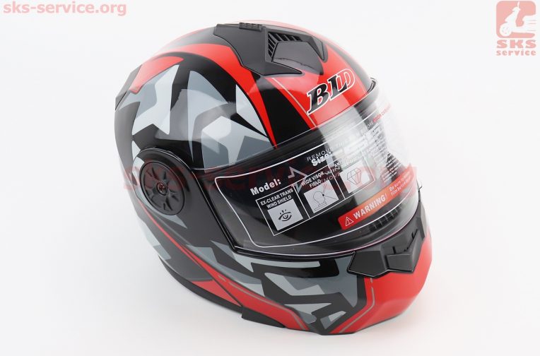 Шлем модуляр, закрытый с откидным подбородком+откидные очки BLD-159 М (57-58см), ЧЁРНЫЙ глянец с красно-серым рисунком