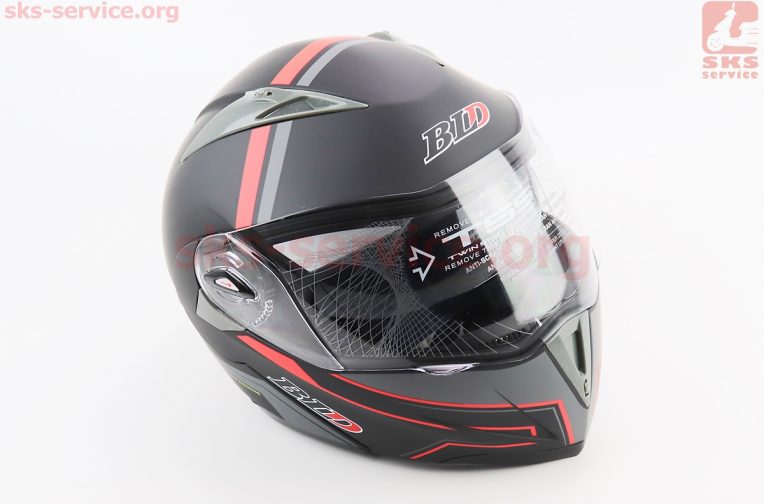 Шлем модуляр, закрытый с откидным подбородком+откидные очки BLD-158 L (59-60см), ЧЁРНЫЙ матовый с красно-серым рисунком