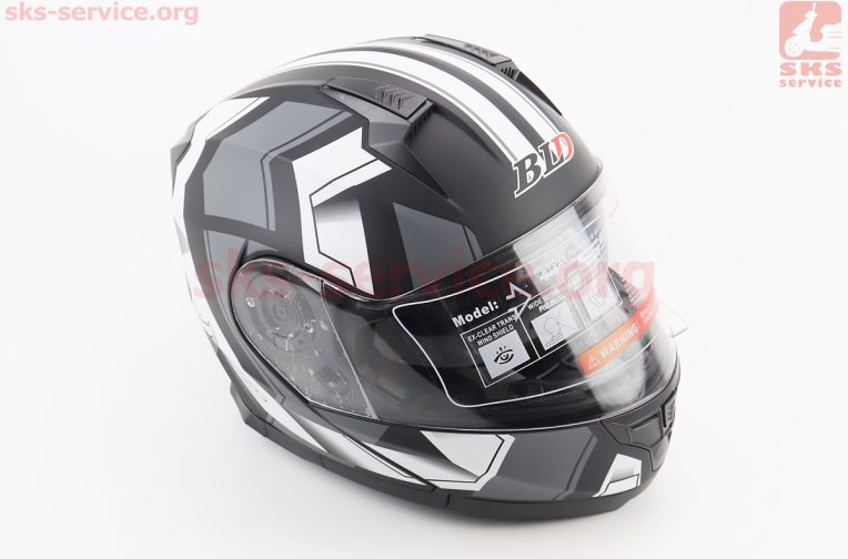 Шлем модуляр, закрытый с откидным подбородком+откидные очки BLD-162 L (59-60см), ЧЁРНЫЙ матовый с бело-серым рисунком