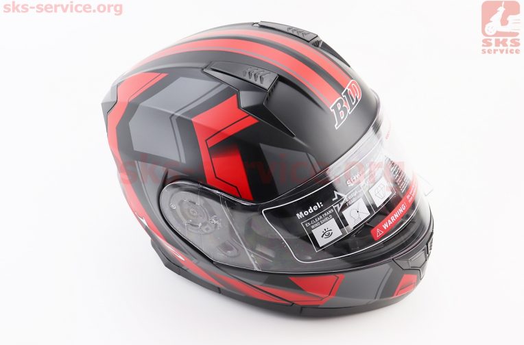 Шлем модуляр, закрытый с откидным подбородком+откидные очки BLD-162 L (59-60см), ЧЁРНЫЙ матовый с красно-серым рисунком