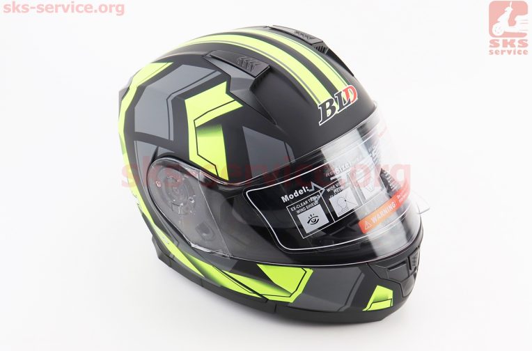 Шлем модуляр, закрытый с откидным подбородком+откидные очки BLD-162 L (59-60см), ЧЁРНЫЙ матовый с салатово-серым рисунком