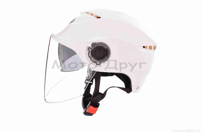 Шлем открытый (мото 50cc/вело/самокат)  “DAVID”  (#S327, белый глянцевый, регулятор размера, очки, A