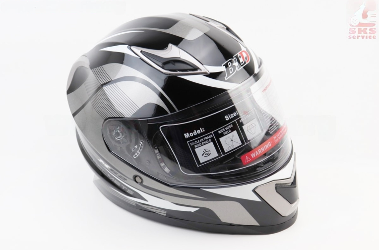 Шлем интеграл, закрытый BLD-M62 S (55-56см), ЧЁРНЫЙ глянец с бело-серым рисунком