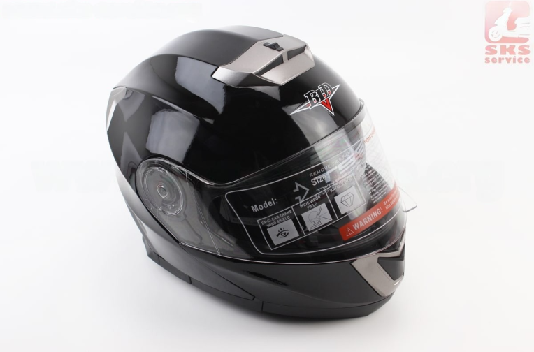Шлем модуляр, закрытый с откидным подбородком+откидные очки BLD-160 S (55-56см), ЧЁРНЫЙ глянец
