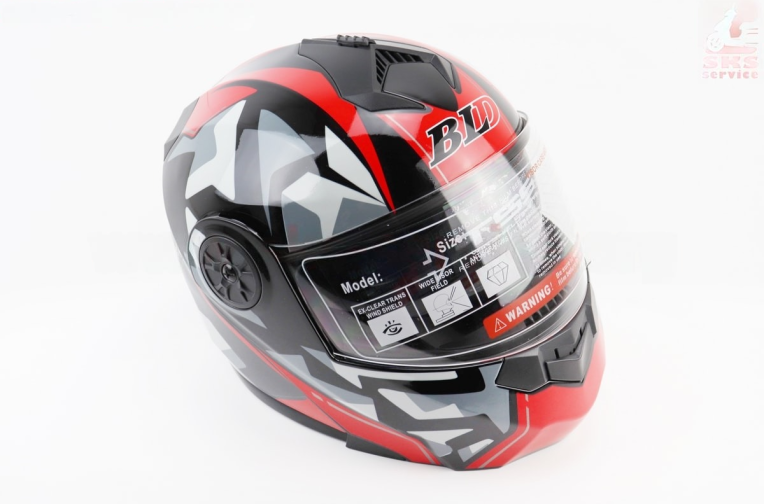 Шлем модуляр, закрытый с откидным подбородком+откидные очки BLD-159 S (55-56см), ЧЁРНЫЙ глянец с красно-серым рисунком