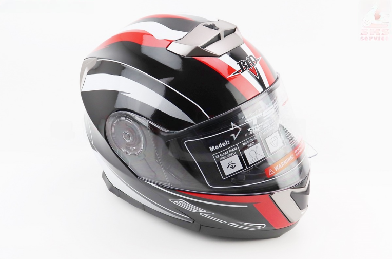 Шлем модуляр, закрытый с откидным подбородком+откидные очки BLD-160 S (55-56см), ЧЁРНЫЙ с красно-белым рисунком