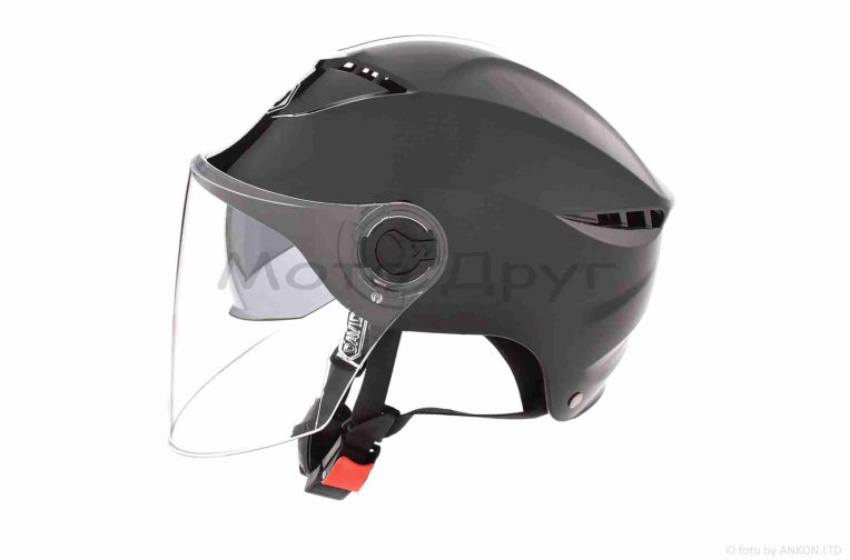 Шлем открытый (мото 50cc/вело/самокат)  “DAVID”  (#S327, черный глянцевый, регулятор размера, очки,