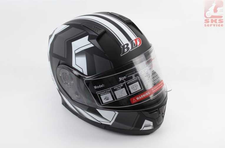 Шлем модуляр, закрытый с откидным подбородком+откидные очки BLD-162 S (55-56см), ЧЁРНЫЙ матовый с серо-белым рисунком