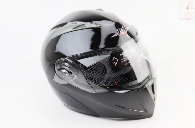Шлем модуляр, закрытый с откидным подбородком+откидные очки BLD-158 S (55-56см), ЧЁРНЫЙ глянец