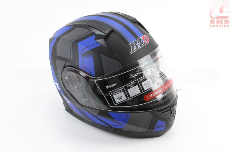Шлем модуляр, закрытый с откидным подбородком+откидные очки BLD-162 S (55-56см), ЧЁРНЫЙ матовый с сине-серым рисунком