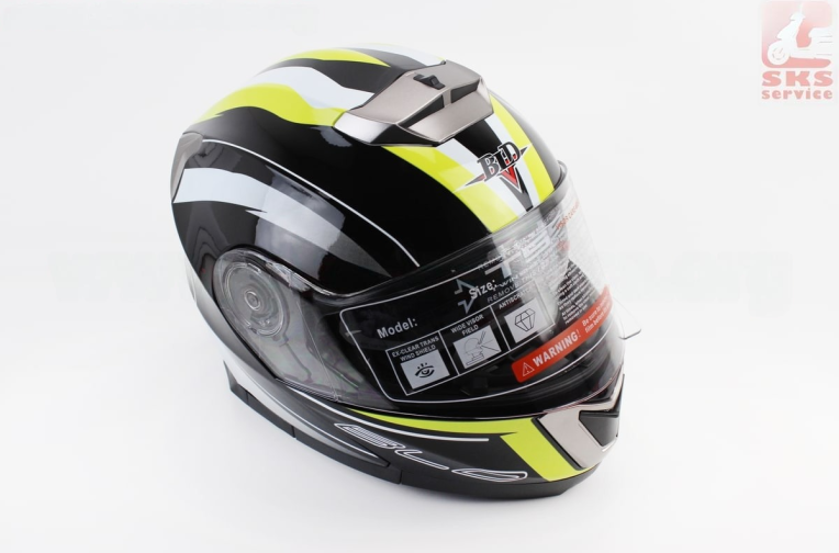 Шлем модуляр, закрытый с откидным подбородком+откидные очки BLD-160 S (55-56см), ЧЁРНЫЙ с жёлто-белым рисунком