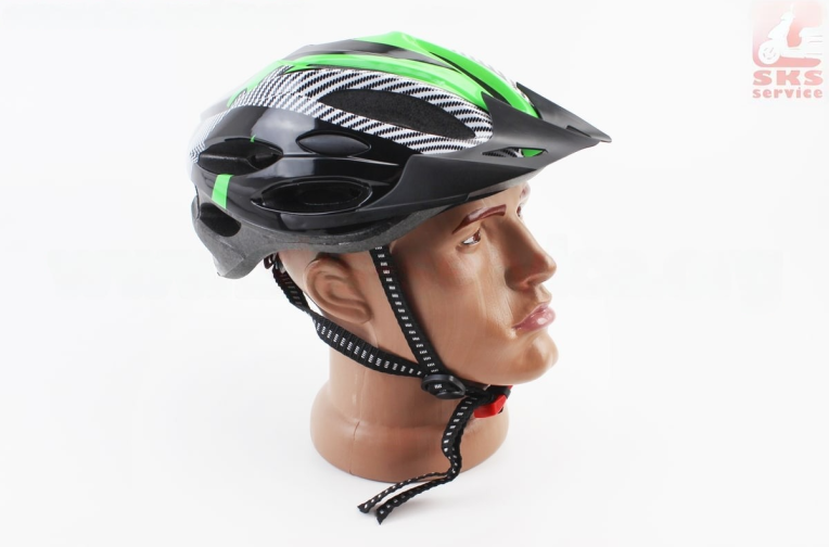 Шлем велосипедный L (54-62 см) съёмный козырёк, 21 вент. отверстий, чёрно-зелёно-белый