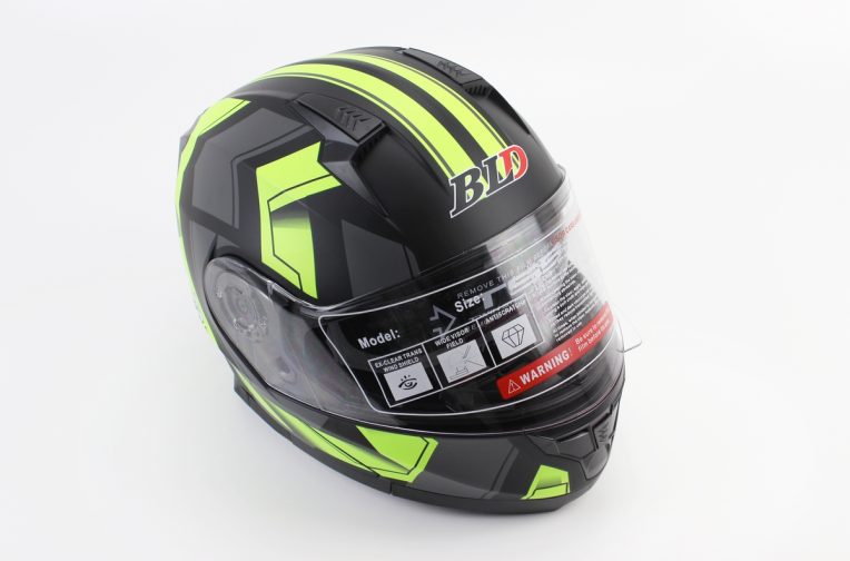 Шлем модуляр, закрытый с откидным подбородком+откидные очки BLD-162 S (55-56см), ЧЁРНЫЙ матовый с серо-салатовым рисунком