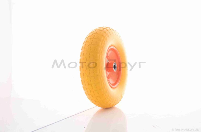 Колесо для тачки в сборе  4.00-6  (полиуретановое, желтое, оранжевый диск, подшипник 6202 Ø16)
