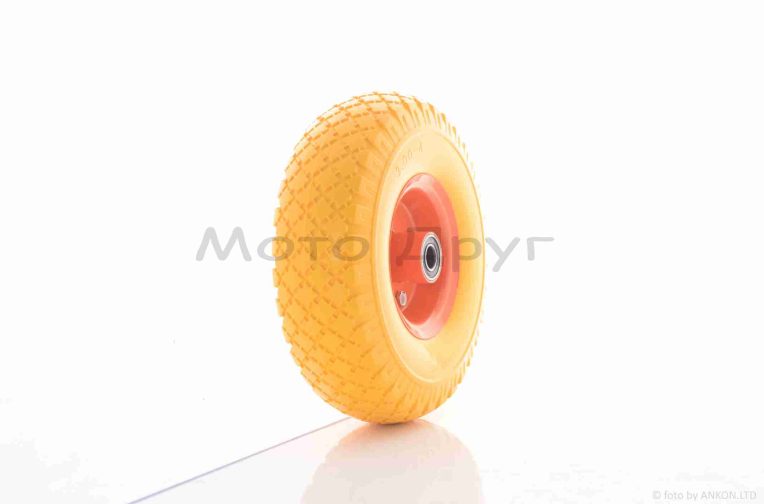 Колесо для тачки в сборе  3.00-4  (полиуретановое, желтое, оранжевый диск, подшипник 6202 Ø16)