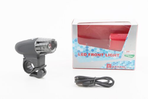 Фонарь передний 1 диод 200 lumen, Li-ion 3.7V 1200mAh зарядка от USB, влагозащитный, чёрно-серый