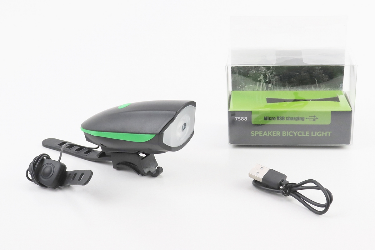 Фонарь передний 1 диод+звонок 4 мелодии, Li-ion 3.7V 1200mAh зарядка от USB, влагозащитный, чёрно-зелёный FY-058/7588