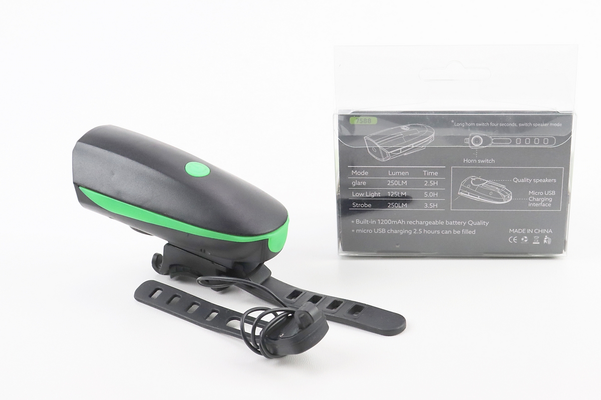 Фонарь передний 1 диод+звонок 4 мелодии, Li-ion 3.7V 1200mAh зарядка от USB, влагозащитный, чёрно-зелёный FY-058/7588 — изображение 2