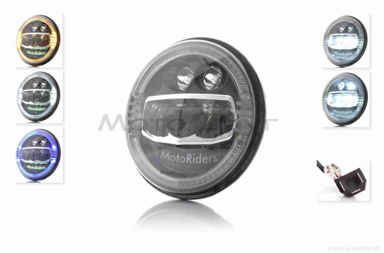 Фара  мото  диодная, круглая, D178, H4, 3 габарита (белый/желтый/синий)  #C88-1S1