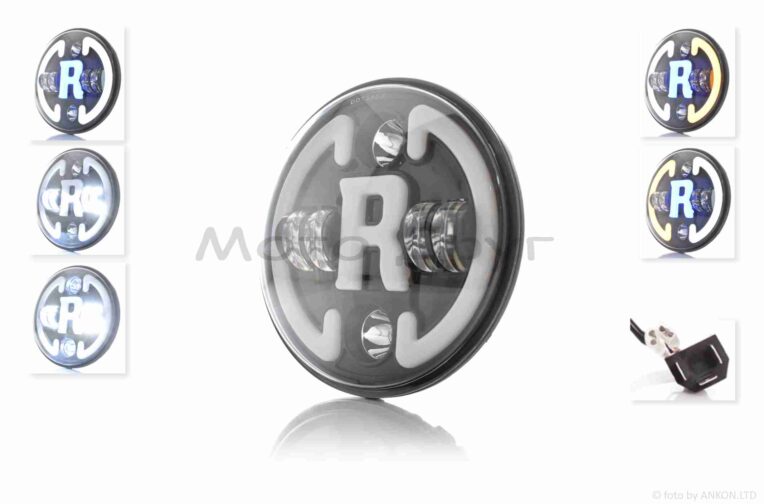 Фара мото диодная, круглая, D178, H4, 2 габарита (белый/синий), повороты #C47-9S1