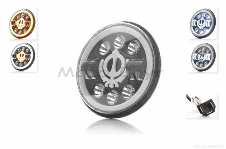 Фара мото диодная, круглая, D166, 2 габарита (белый/желтый) #C66-BK-2P1