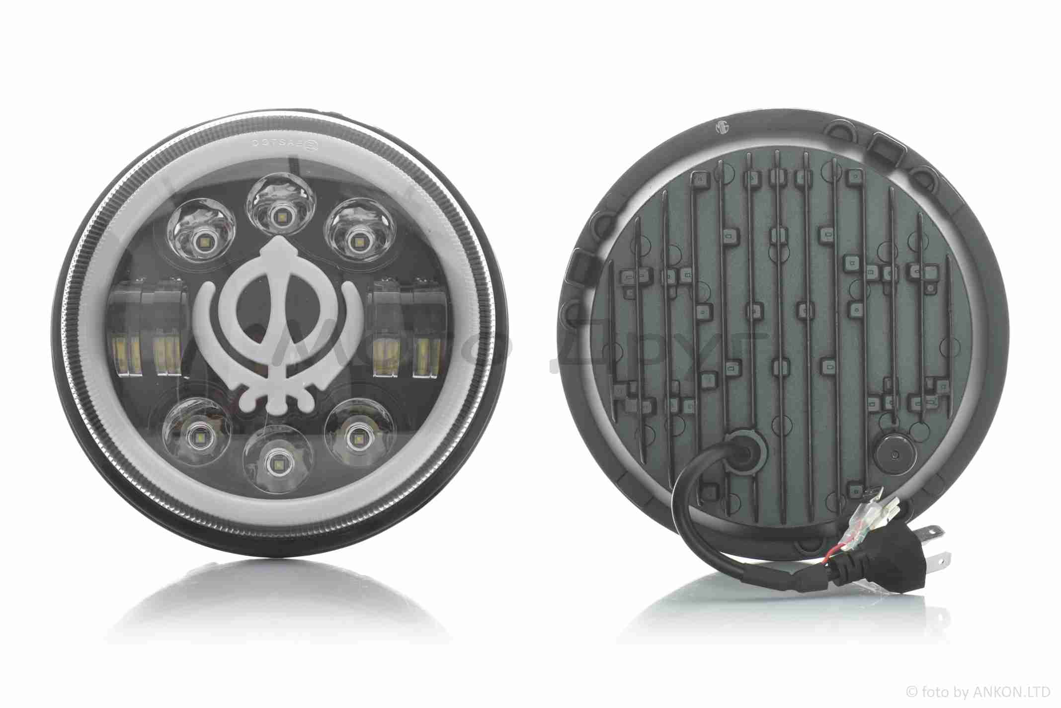 Фара мото диодная, круглая, D166, 2 габарита (белый/желтый) #C66-BK-2P1 — изображение 2