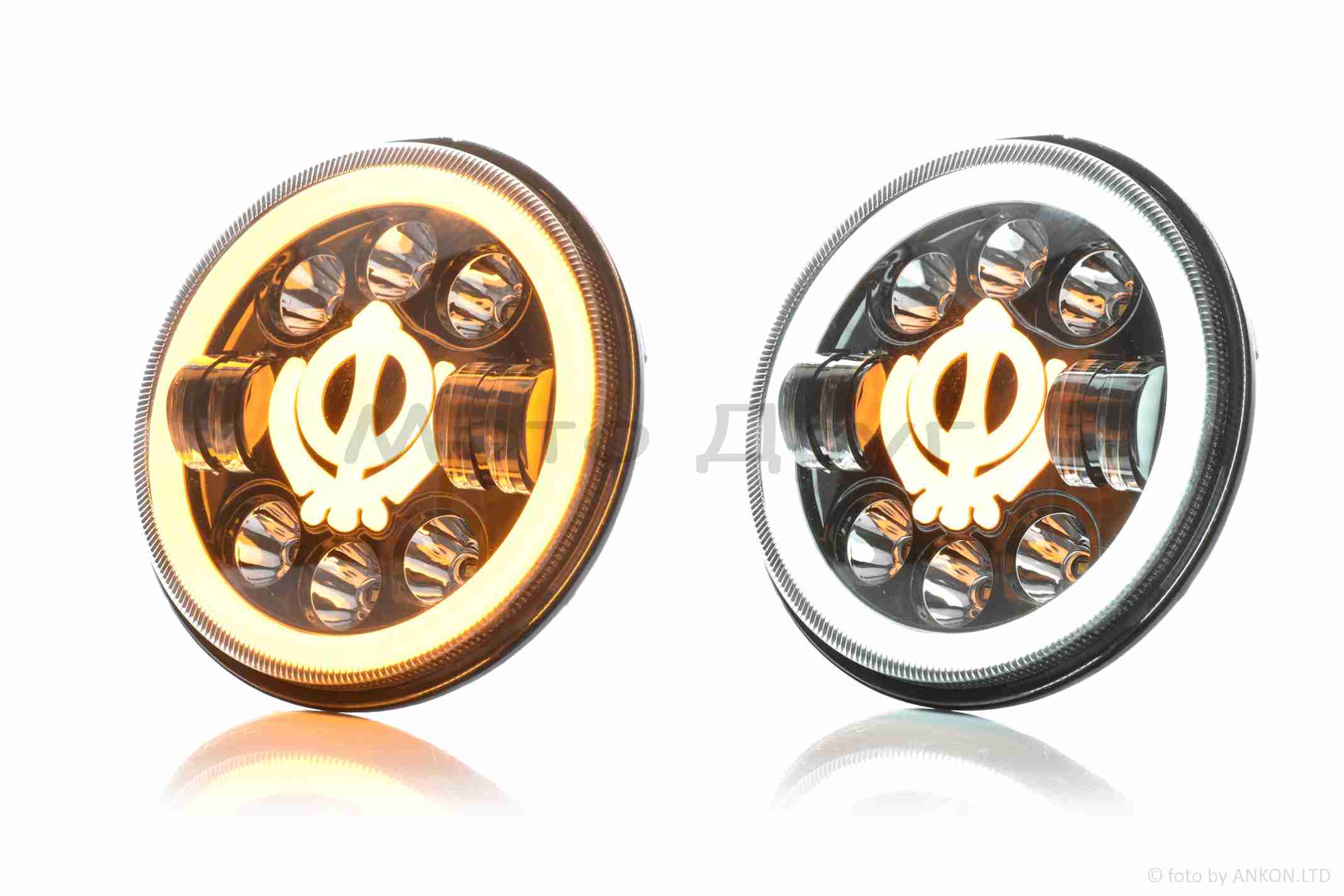 Фара мото диодная, круглая, D166, 2 габарита (белый/желтый) #C66-BK-2P1 — изображение 3