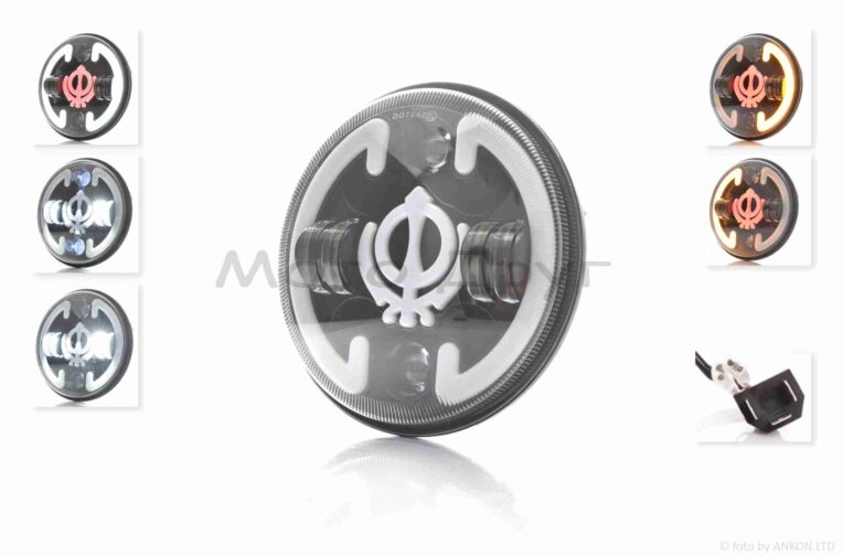 Фара мото диодная, круглая, D177, H4, 2 габарита (белый/желтый), повороты #C134-2P1