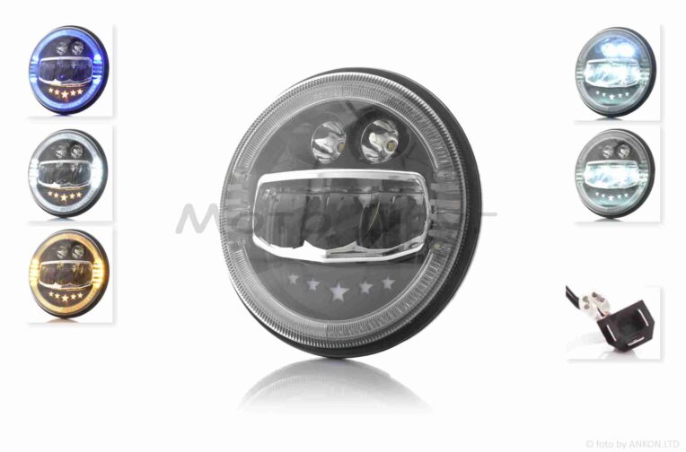 Фара мото диодная, круглая, D177, H4, 3 габарита (белый/желтый/синий) #C88-2P1