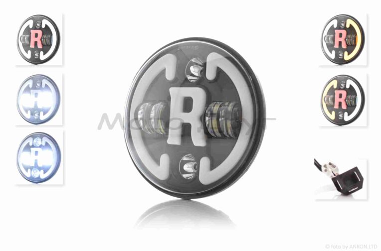Фара  мото  диодная, круглая, D175, H4, 2 габарита (белый/красный), повороты  #C47-9S2