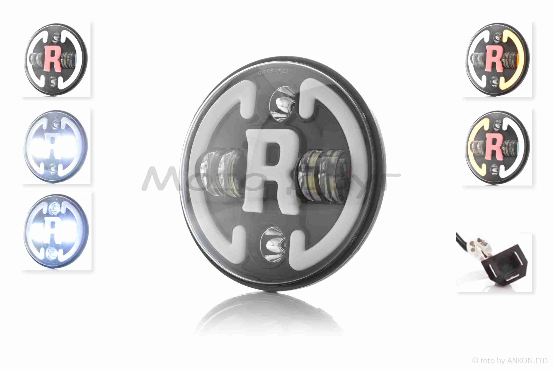 Фара мото диодная, круглая, D175, H4, 2 габарита (белый/красный), повороты #C47-9S2