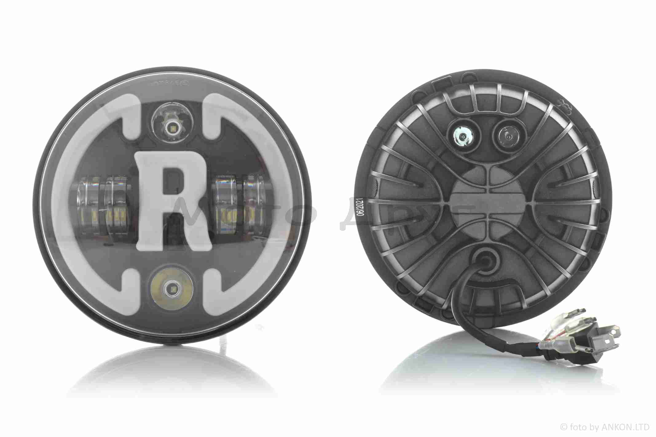 Фара мото диодная, круглая, D175, H4, 2 габарита (белый/красный), повороты #C47-9S2 — изображение 2