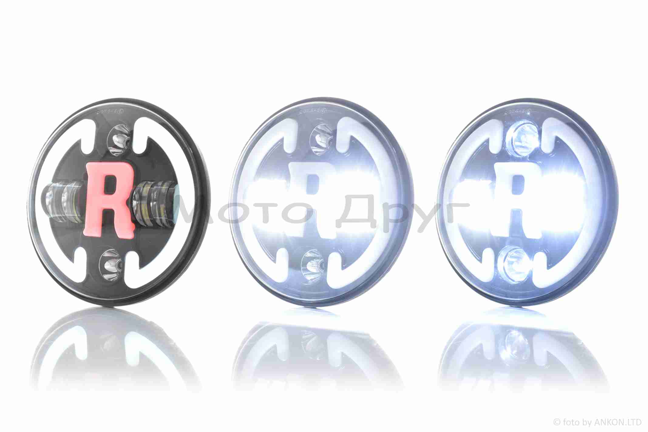 Фара мото диодная, круглая, D175, H4, 2 габарита (белый/красный), повороты #C47-9S2 — изображение 4