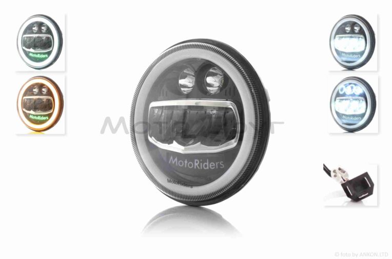 Фара  мото  диодная, круглая, D178, H4, 2 габарита (белый/желтый)  #C55-8S2