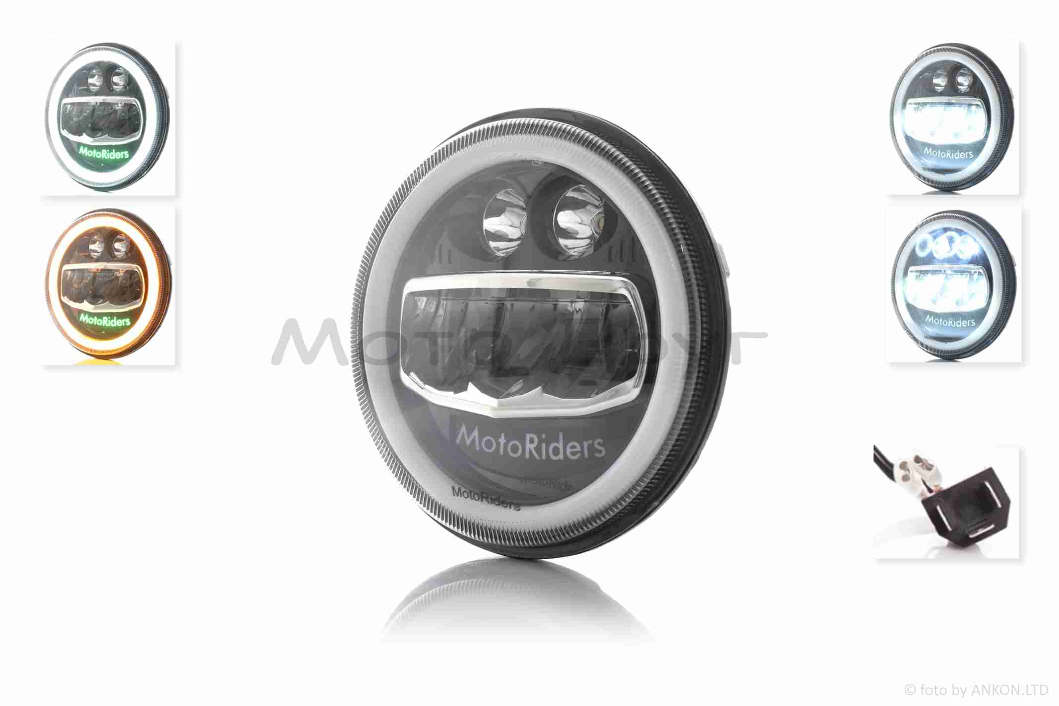 Фара мото диодная, круглая, D178, H4, 2 габарита (белый/желтый) #C55-8S2