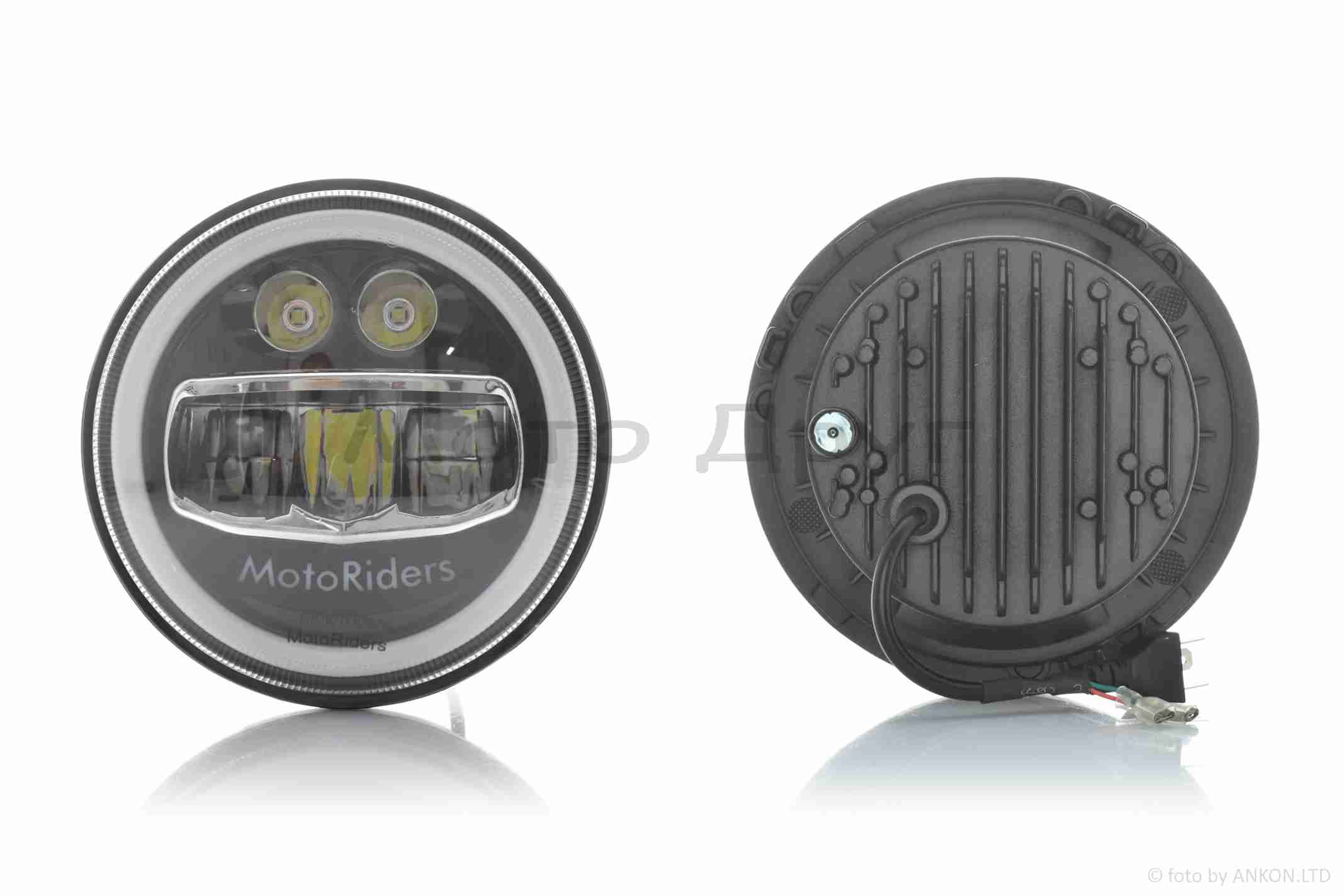 Фара мото диодная, круглая, D178, H4, 2 габарита (белый/желтый) #C55-8S2 — изображение 2