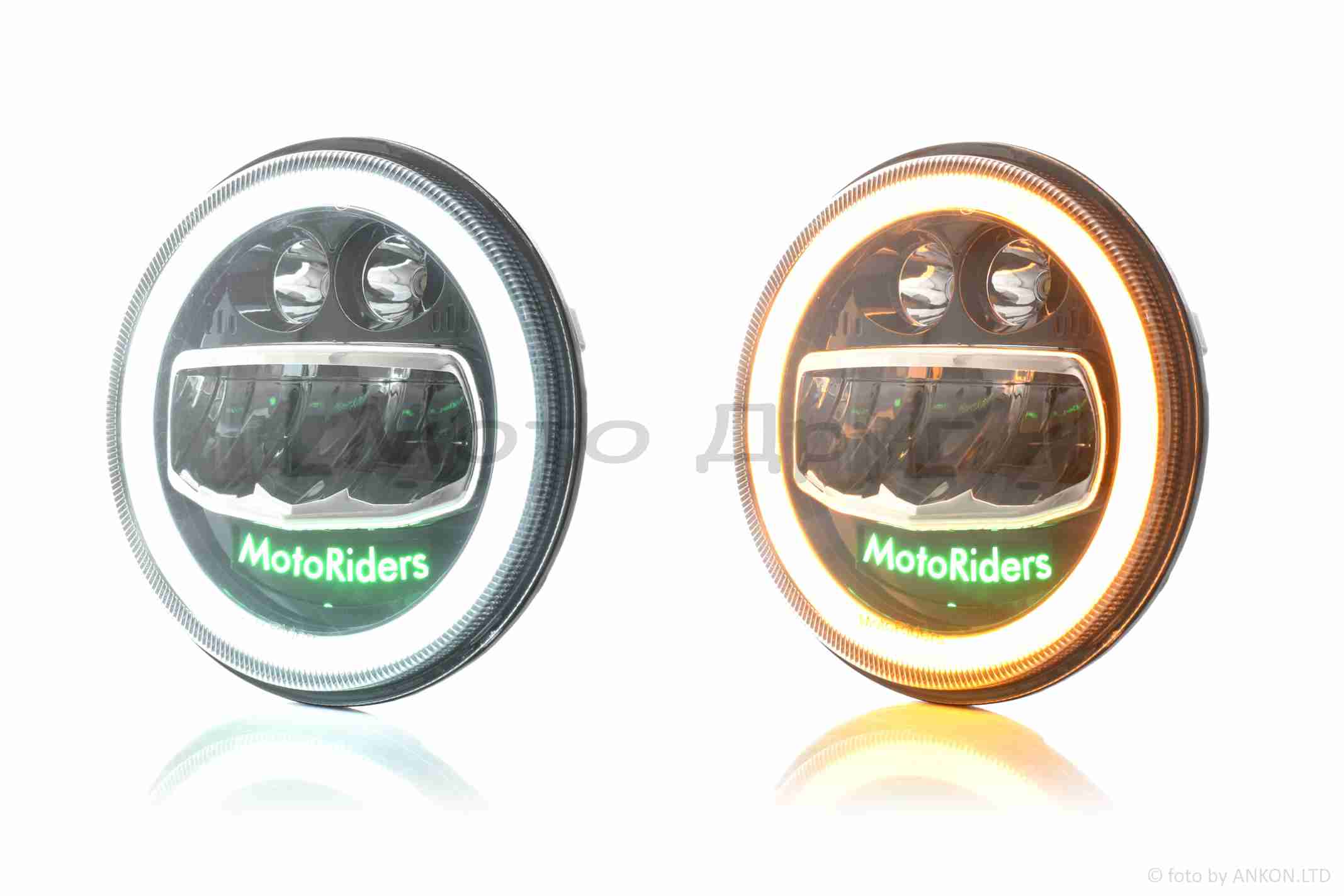 Фара мото диодная, круглая, D178, H4, 2 габарита (белый/желтый) #C55-8S2 — изображение 3