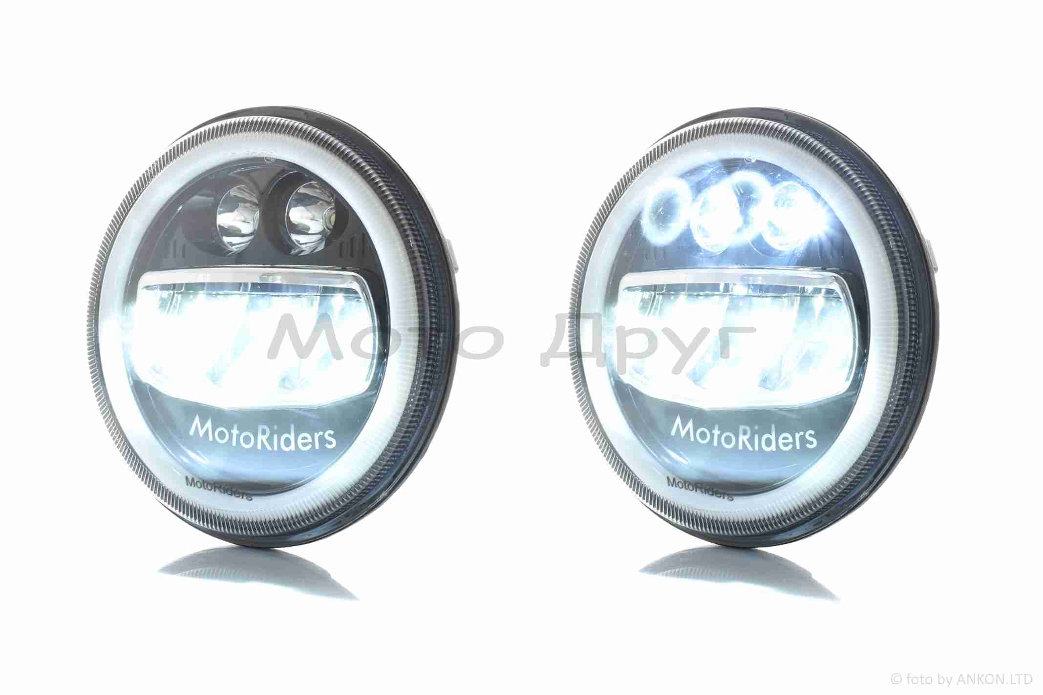 Фара мото диодная, круглая, D178, H4, 2 габарита (белый/желтый) #C55-8S2 — изображение 4