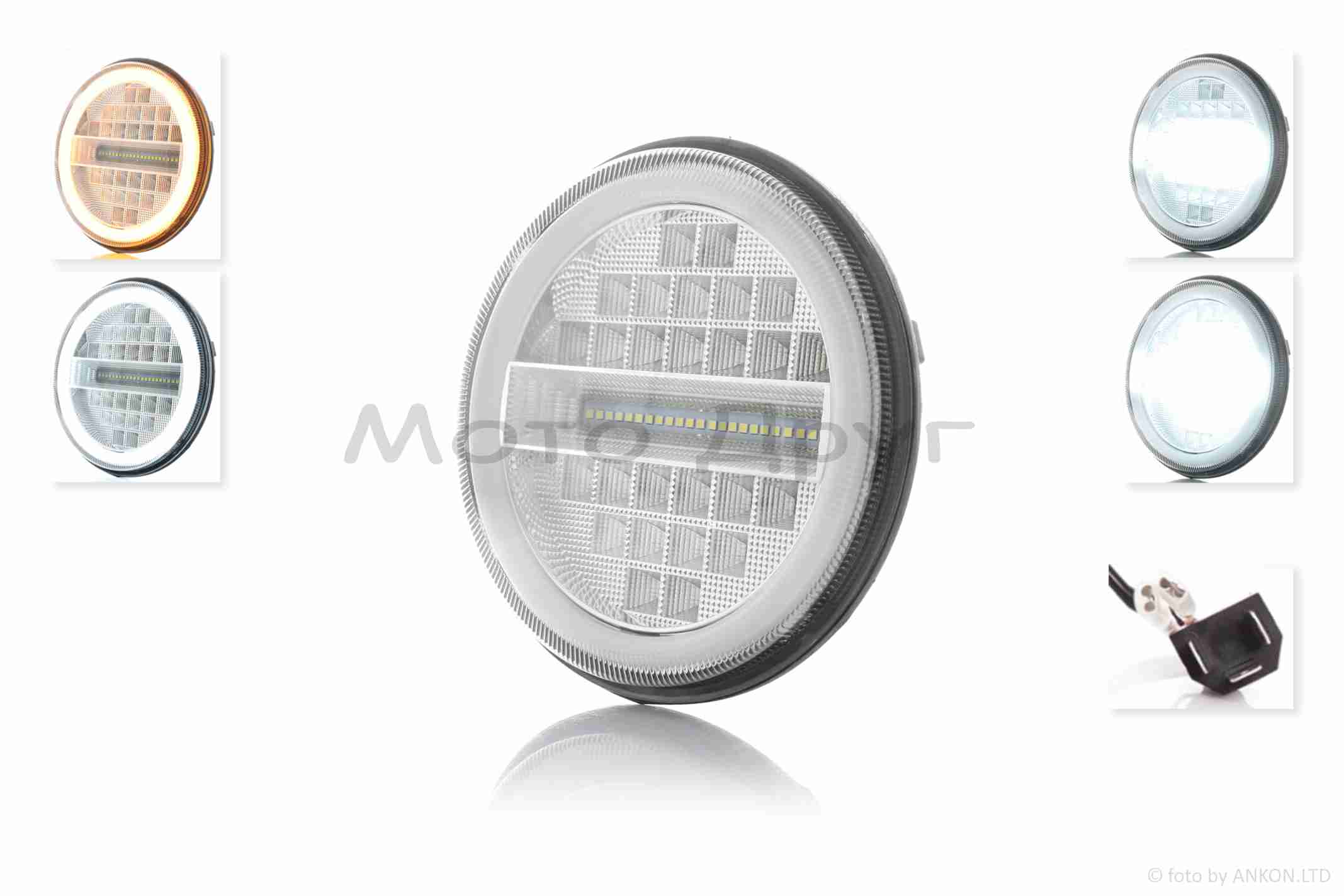 Фара мото диодная, круглая, D177, H1, 2 габарита (белый/желтый) #C80-3S1